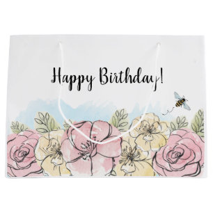 Pink Floral Watercolor Birthday Large Gift Bag