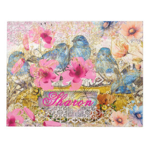Pink Floral Watercolor Blue Bird Name Lace Collage Notepad