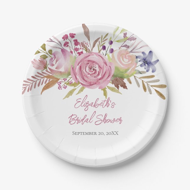 Pink Floral Watercolor Botanical Bridal Shower  Paper Plate (Front)