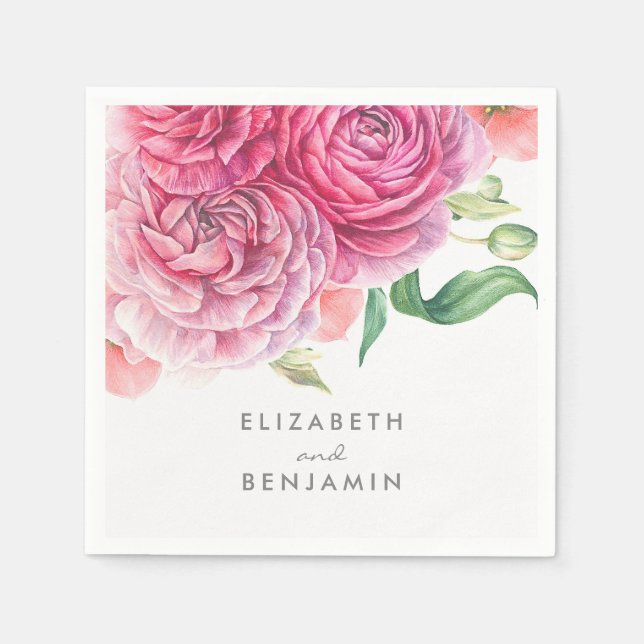 Pink Floral Watercolor Botanical Elegant Wedding Napkin (Front)