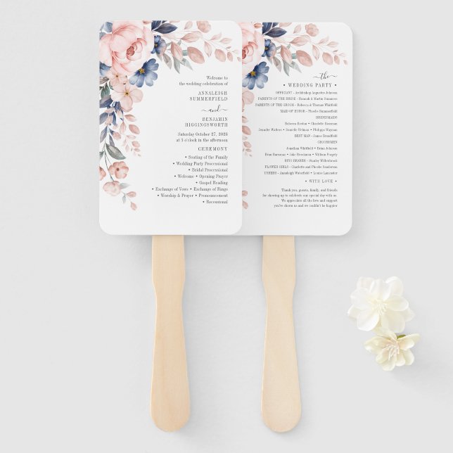 Pink Floral Watercolor Botanical Wedding Program Hand Fan (Front and Back)