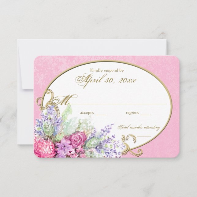 Pink Floral Watercolor Bouquet Wedding Reply RSVP Card (Front)