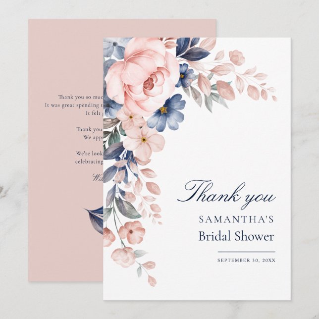 Pink Floral Watercolor Bridal Shower Thank You Card (Front/Back)