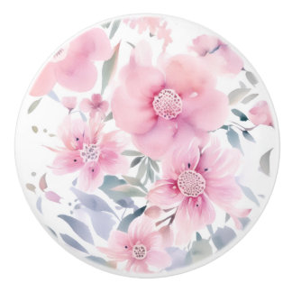 Pink Floral Watercolor  Ceramic Knob