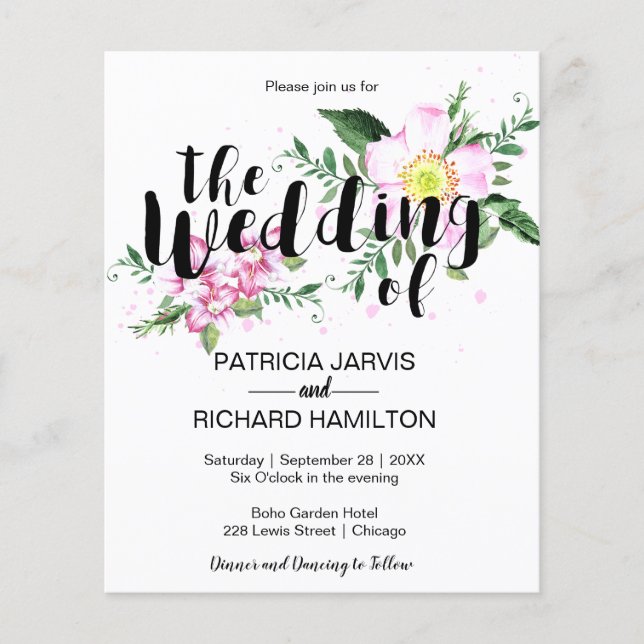 Pink Floral Watercolor Cheap Wedding Invitation (Front)
