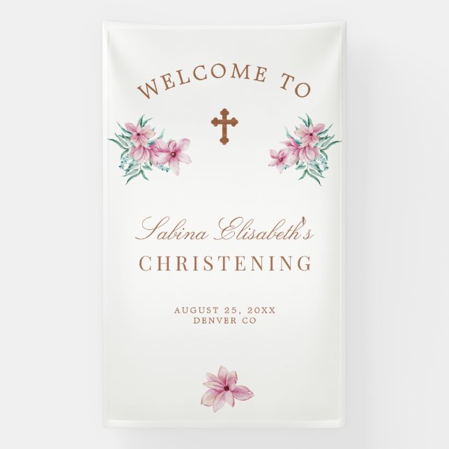 Pink floral watercolor Christening welcome sign (Vertical)