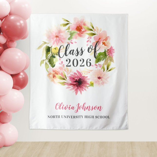Pink Floral Watercolor Class of 2026 Backdrop Tapestry (Creator Uploaded)