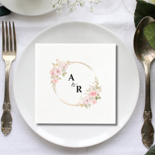 Pink Floral Watercolor Couple Initials Wedding Napkin