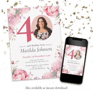 Pink Floral Watercolor Custom Photo 40th Birthday Invitation