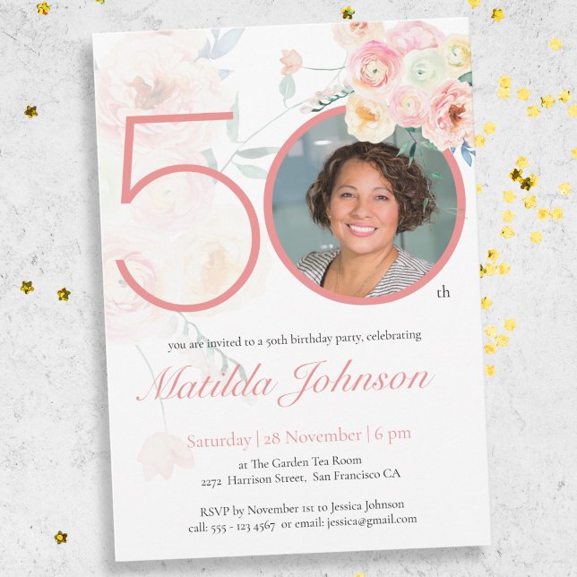Pink Floral Watercolor Custom Photo 50th Birthday  Invitation (Mock Up View)