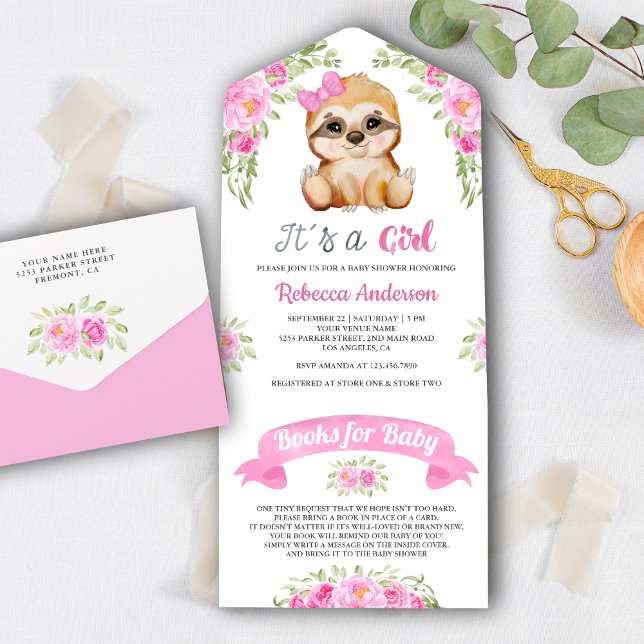 Pink Floral Watercolor Cute Sloth Baby Shower All In One Invitation (Creator Uploaded)