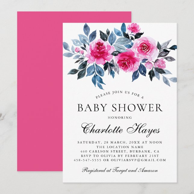 Pink Floral Watercolor Elegant Baby Shower Invitation (Front/Back)