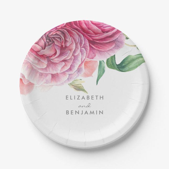 Pink Floral Watercolor Elegant Botanical Wedding Paper Plate (Front)