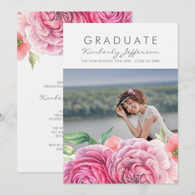 Pink Floral Watercolor Elegant Photo Graduation Invitation (Front/Back)