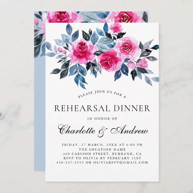 Pink Floral Watercolor Elegant Rehearsal Dinner Invitation (Front/Back)