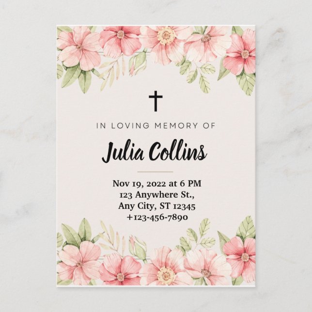 Pink FLoral Watercolor Funeral Card (Front)