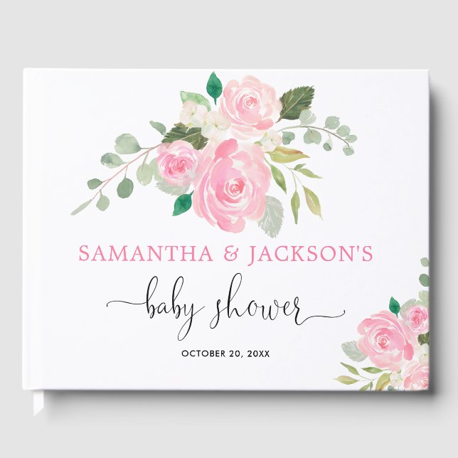 Pink floral watercolor girl baby shower guest book (Front)