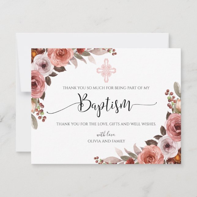 Pink Floral Watercolor Girl's Baptism Thank You (Front)