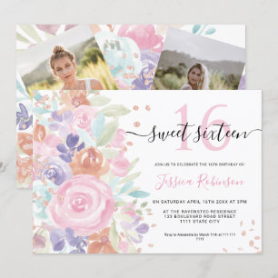 Pink floral watercolor glitter Sweet 16 photo Invitation