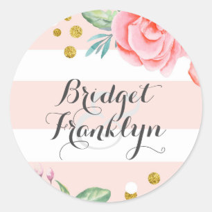 Pink Floral Watercolor Gold Confetti Stripes Sweet Classic Round Sticker