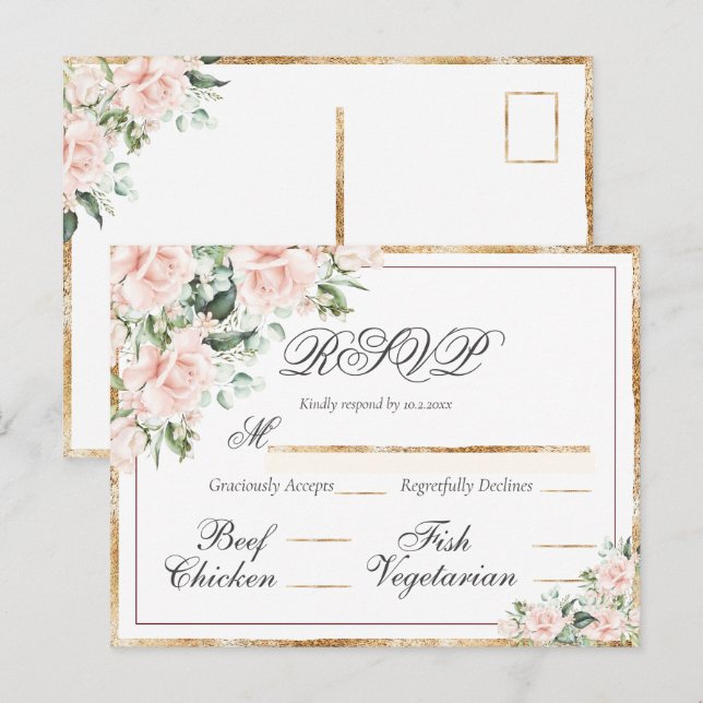 Pink Floral Watercolor Gold Elegant RSVP  Postcard (Front/Back)