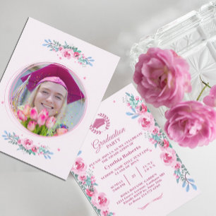 Pink Floral Watercolor Graduation Invitation