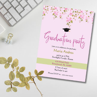 Pink Floral Watercolor Graduation Party Invitation