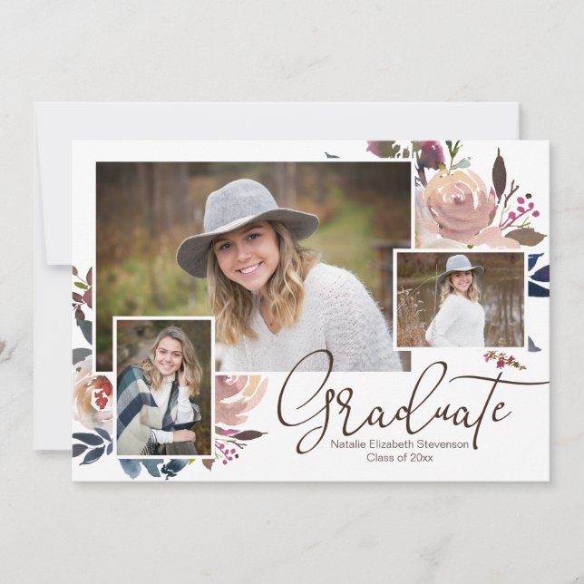 Pink Floral Watercolor Graduation Photo  Invitation (Front)