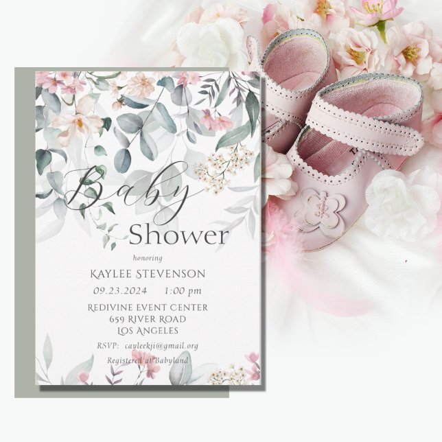 Pink Floral Watercolor Greenery Baby Shower Invitation (Creator Uploaded)