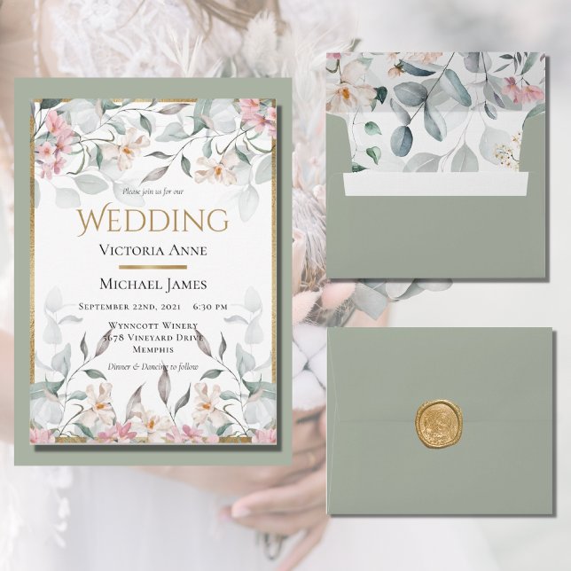 Pink Floral Watercolor Greenery Wedding Invitation (Creator Uploaded)