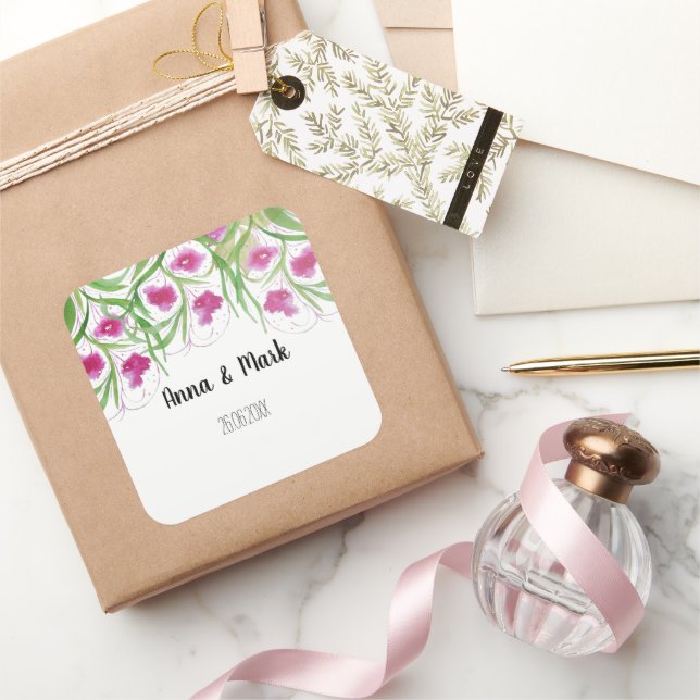 Pink Floral Watercolor Hand-painted Square Sticker (Gifting)