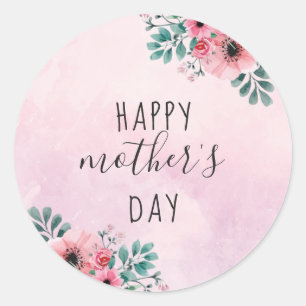 Pink Floral Watercolor Happy Mother's Day Classic Round Sticker
