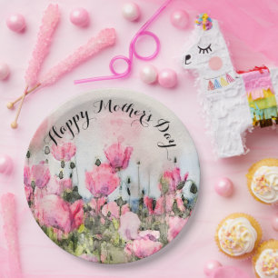 Pink Floral Watercolor Happy Mother's Day Flowers Paper Plate