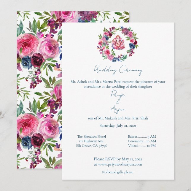 Pink Floral Watercolor Hindu Ganesh Wedding Invitation (Front/Back)