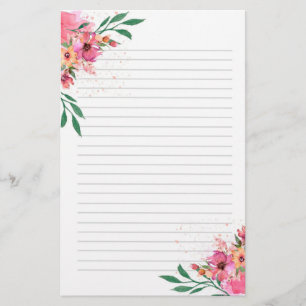 Pink Floral Watercolor Lined Stationery