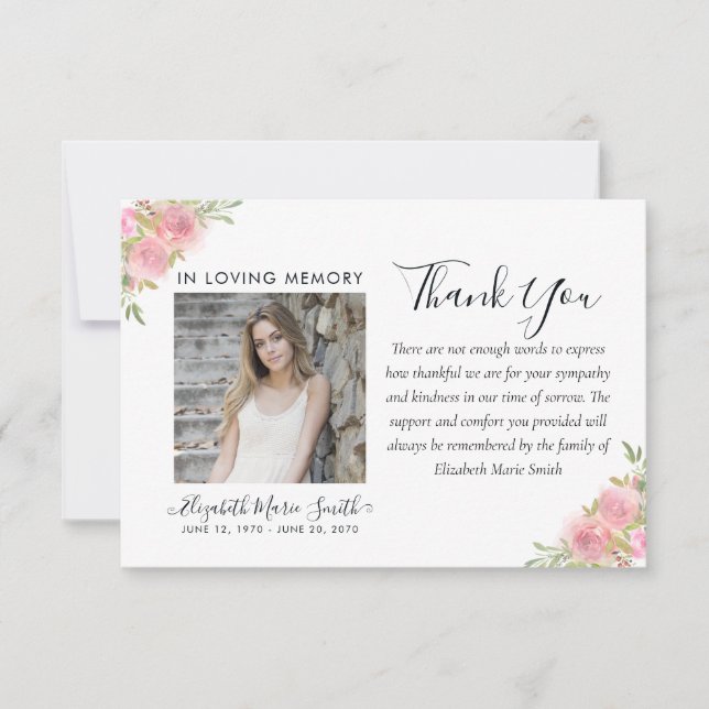 Pink Floral Watercolor Memorial Service Funeral Thank You Card (Front)