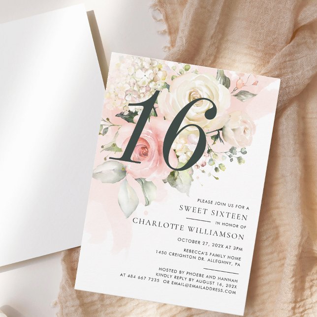 Pink Floral Watercolor Modern Sweet 16 Invitation (Pink Floral Sweet Sixteen Script Elegant Watercolor 16th Birthday Party Invitation)