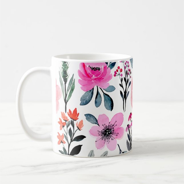 Pink Floral Watercolor Modern Trendy Vibrant  Coffee Mug (Left)