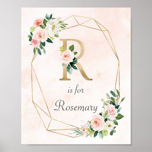 Pink Floral Watercolor Monogram Baby Name Nursery Poster (Front)