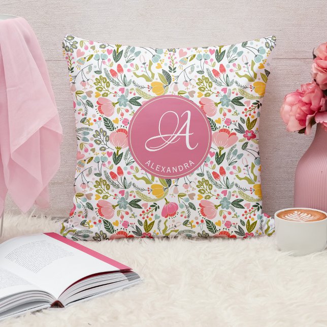 Pink floral watercolor monogram name cushion (Creator Uploaded)