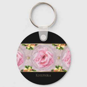 Pink Floral Watercolor Monogram Name  Key Ring