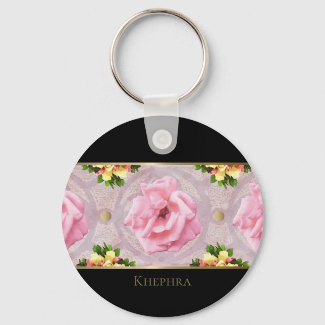 Pink Floral Watercolor Monogram Name  Key Ring (Front)