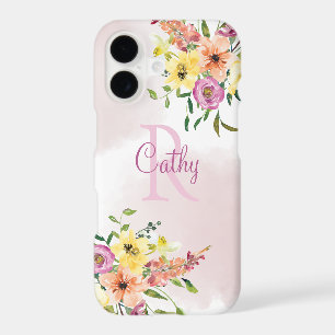 Pink Floral Watercolor Monogram Name Modern Case-M