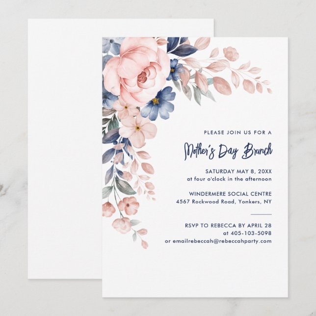 Pink Floral Watercolor Mother's Day Brunch Invitation (Front/Back)