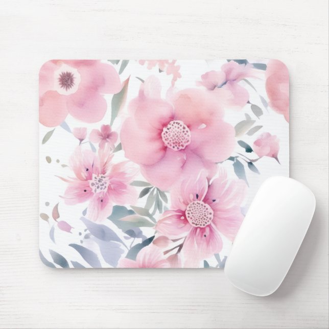 Pink Floral Watercolor  Mouse Mat (With Mouse)