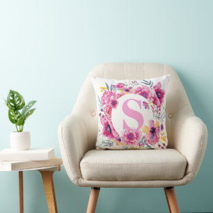 Pink Floral Watercolor Name Initial Monogram Cushion