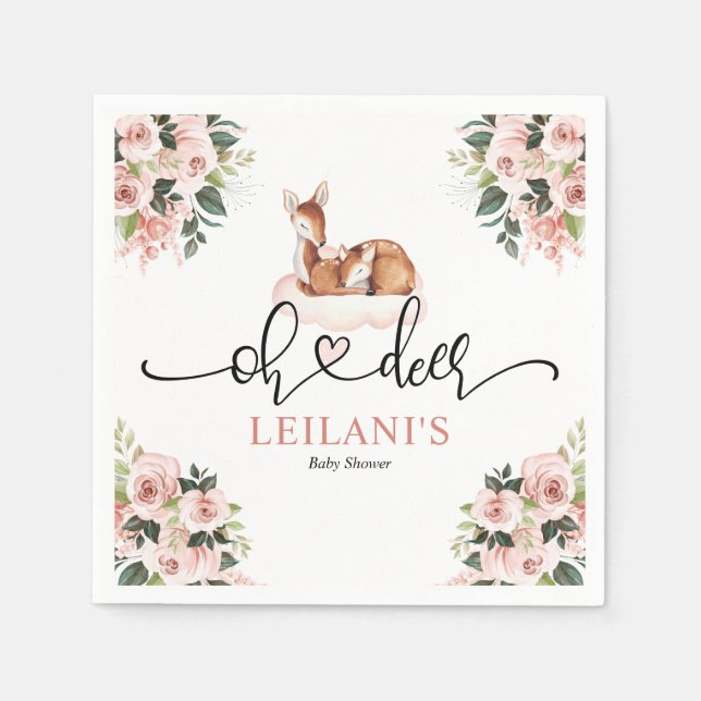 Pink Floral Watercolor Oh Deer Baby Shower Napkin (Front)