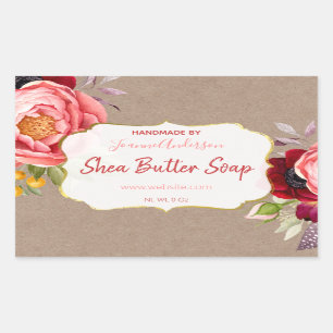 Pink Floral Watercolor On Kraft Shea Butter Soap Rectangular Sticker