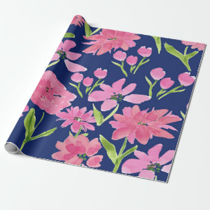 Pink Floral Watercolor on Navy Background  Wrapping Paper