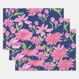 Pink Floral Watercolor on Navy Background Wrapping Paper Sheet